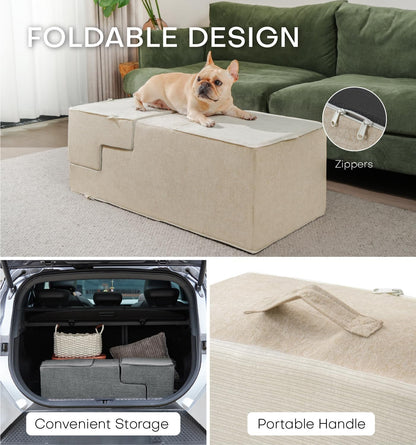 Dog Stairs for High Bed, Dog Steps for Bed Couch Sofa, 35D Foam Extra Wide Pet Steps for Small Dogs and Cats, Pet Stairs with Non-Slip Bottom Beige, 4 Steps