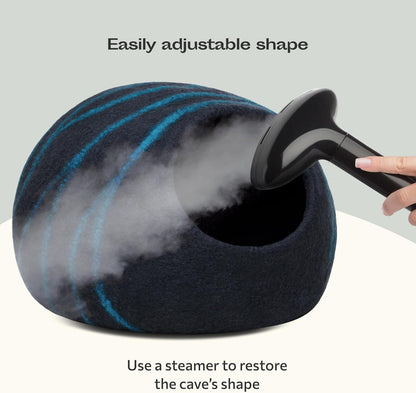 MEOWFIA Cat Cave – Premium Felt Cat Bed for Indoor Cats, Handmade 100% Merino Wool (Large, Black Aqua)