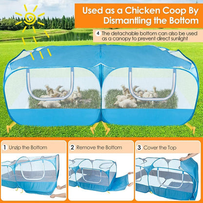 Lukovee Small Animals Playpen, Chicken Pen with Escape-Proof Detachable Bottom & 4 Zipper Doors, Breathable Foldable Portable Large Chicken Run Coop for Puppy Duck Kitten Rabbits Outdoor Yard (Blue)