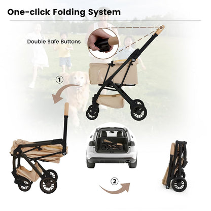 Lightweight Dog Stroller Portable Compact Folded Pet Stroller for Small/Medium Dogs & Cats Up to 35lbs One Click Folding Large Cat Carriage with Adjustable Canopy Storage Basket- Khaki