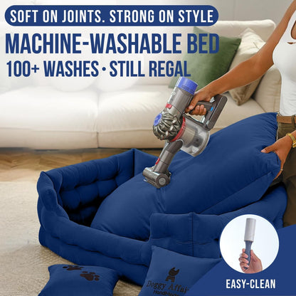 Luxury Dog Bed Chesterfield – Handcrafted Velvet Throne for Dogs | Joint Support, Calming & Temp-Regulating Comfort | Durable 5+ Years, Anti-Claw, Washable 100+ Times – L, Blue