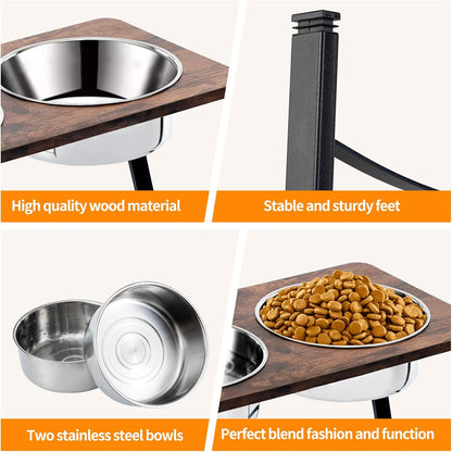 Elevated Dog Bowls for Medium and Large Dogs Wood Raised Bowl Stand with Two 1700ML (58oz) Stainless Steel Dog Food and Water Bowls,Non-Slip