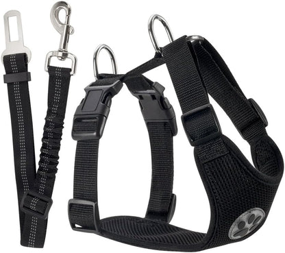 SlowTon Dog Seat Belt Harness for Car, Dog Car Harness Adjustable Mesh Breathable & Dog Seatbelt Safety Tether with Elastic Bungee for Small Medium Large Pets(Black, Single Clip, XS)