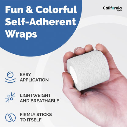 California Basics Self Adhesive Bandage Wrap - Self Adhering Non Woven Cohesive Bandage Rolls - Stretch Wrap - Multi Colored Athletic Tape for Wrist - Waterproof (2 inch- 12 Pack- White)