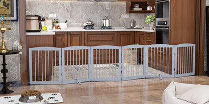 Freestanding Pet Gate for Dogs, Foldable Wooden Dog Gate for House, Extra Wide Indoor Pet Barrier for Stair, Doorway, Hall, Support Feet Included, 120 Inch Wide, 6 Panels 24", Grey