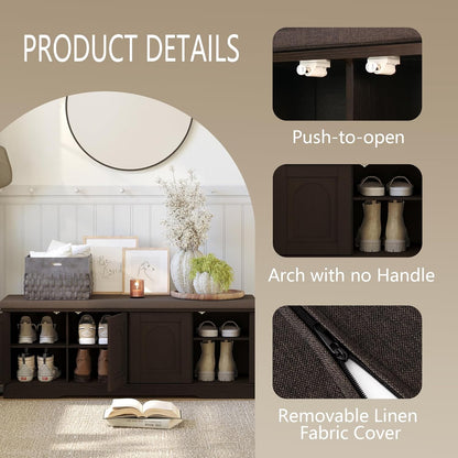 DINZI LVJ Shoe Bench, Entryway Storage Bench with Doors, Cushion, 2-Tier Shoe Rack with 8-Cubby, 47.2”L x 13.8”W Shoe Organizer Cabinet, Adjustable Shelf, Living Room, Bedroom, Espresso