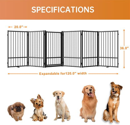Full Metal Freestanding Dog Gate with Door, 36''Height Foldable Pet Dog Fence for Indoor & Outdoor, 6 Panels Extra Wide Free Standing TallDog Gates for Doorways,House,Stairs,Porch,Deck,Yard