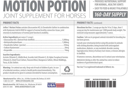 Jeffers Motion Potion Pellets Joint Supplement for Horses, 10 lb- Glucosamine, MSM, Chondroitin, Hyaluronic Acid, & Vitamins. Daily Supplement for Safe, Easy to Feed, Fast Acting for Equine