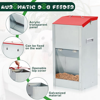 No Installation Large Galvanized Automatic Dog Feeder with Handle 25 Lbs Large Breed Dog Food Dispenser 11.5'' l x 9.8'' W x 23'' H Outdoor Hanging Gravity Food Feeder