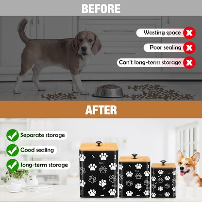 3 Pack Airtight Dog Food Containers with Bamboo Lids, Metal Dog Treat Jars Canisters for Kibble, Biscuits, Snacks, Cookies, Pet Food Storage Set for Kitchen Counter(Black)