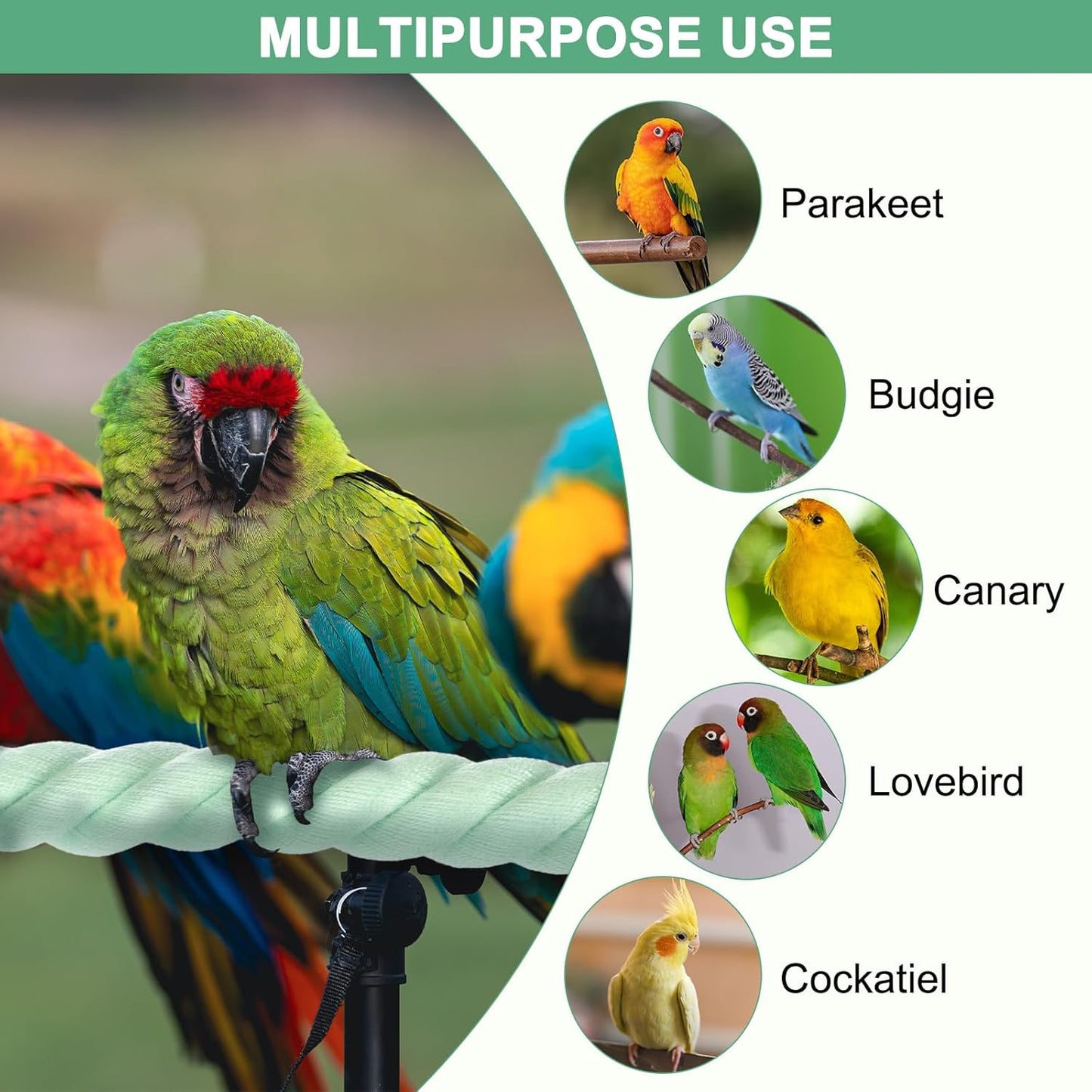 2-Pack Rope Perches for Bird Cages, 23.6 in Length Comfort Grip Flexible Rope Perch Beak & Paw Grinding for Parrots/Cockatiels/Parakeets, Bird Platform Sand [Cyan]