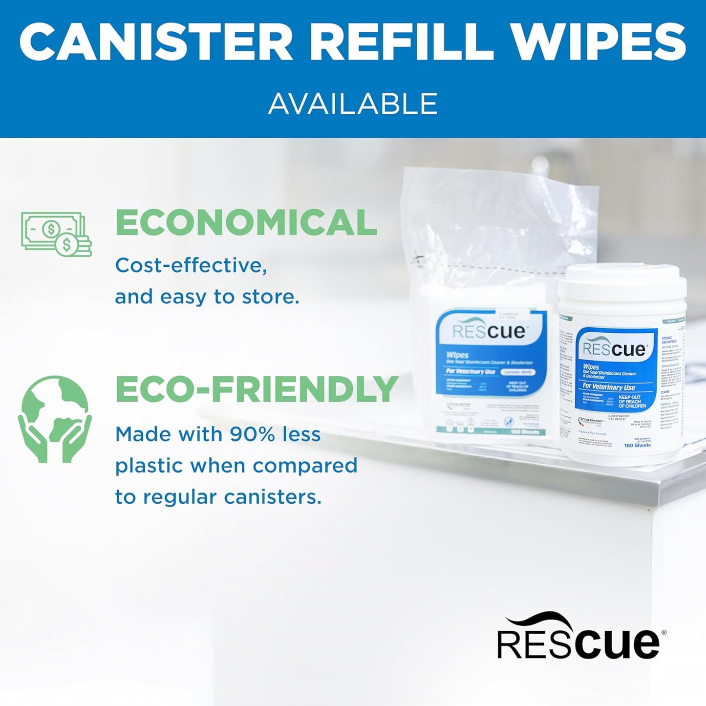 REScue One-Step Disinfectant Cleaner & Deodorizer Wipes for Vet Use – Cleaner for Kennels, Litter Boxes, Vet Offices, Pet Grooming Surfaces, Pet Items – Wipes Canister, 160-Count (Pack of 1)