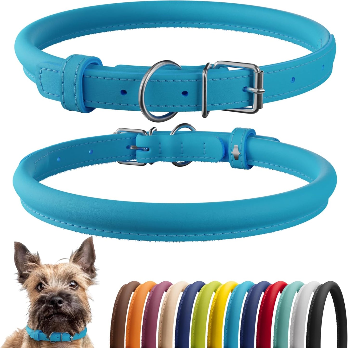 CollarDirect Rolled Leather Dog Collar, Soft Padded Round Puppy Collar, Handmade Genuine Leather Collar Dog Small Large Cat Collars 13 Colors (6 Inch, Light Blue)