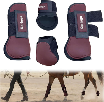 Horse Tendon Boots Set of 4 Open Front & Fetlock Boot for Horses Professional Sport Protection Impact-Absorbing Equine Leg Support for Jumping, Riding, Training (Wine Red, Full)