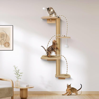 Cat Wall Shelves & Climber for Kittens – 4-Level Wall Mounted Cat Tree with Natural Sisal Pads, Adjustable Tower for Indoor Cats Up to 30lbs, Cat Wall Furniture System