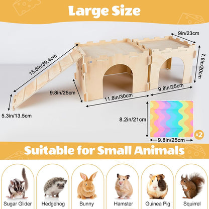 Guinea Pig Hideout, Guinea Pigs House with Stairs and Mats Extra Large Guinea Piggy Castle Detachable Hideouts for Small Animals Wooden Guinea Pig Habitats with Multiple Doors and Windows