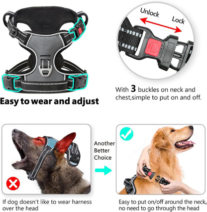 Timos Dog Harness Medium Sized, No Pull with Neck Lockable Snap,No Choke Front Clip Dog Reflective Harness,Adjustable Metal Rings 3 Buckles,Easy Control Handle for Medium Dogs Gray M