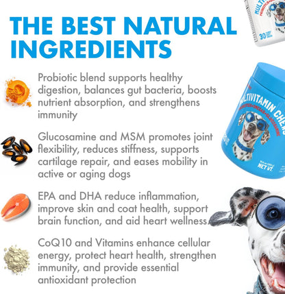 Dog Vitamins - 120 Multivitamins Chews w/Glucosamine Chondroitin, Probiotics Digestive Enzymes and Omegas - Supplement for Overall Health - Joint Support, Immune Health, Skin and Heart Health