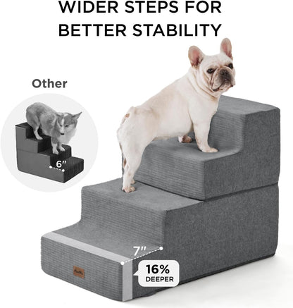 Made4Pets Dog Stairs for High Bed, Extra Wide Pet Stairs for Bed Couch Sofa, 35D Foam Pet Steps for Small Dogs and Cats, Non-Slip Bottom Dog Steps, Grey, 5 Steps