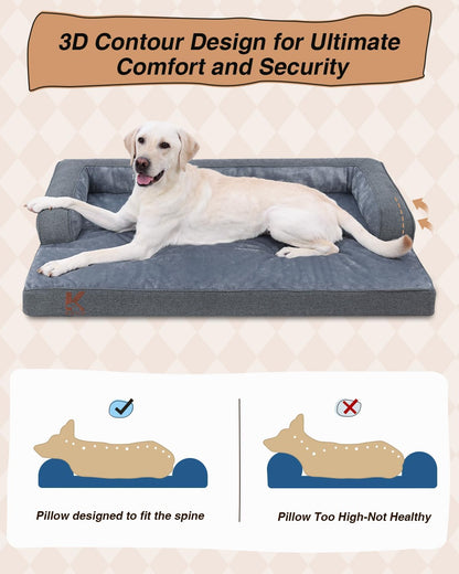 KSIIA Orthopedic Dog Bed for Extra Large Dog，Washable Pet Sofa with U-Shaped Bolster Removable Waterproof Cover Non-Slip Bottom and Egg-Crate Orthopedic Foam Pet Couch Bed, 53 x 36 Inch, Dark Gray
