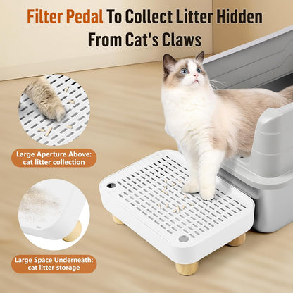 Cat Litter Box Step Ramp, Cat Litter Catcher Mat with Wooden Feet, Filter Function, Cat Pedal Stool for Self-Cleaning Cat Litter Box, Ideal for Kitten & Elderly Cats (White)