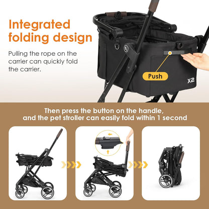 X2 Pet Stroller, Dog Cat Stroller for Small Pets Under 44lbs, Equipped with Detachable & Foldable Carrier, Waterproof Pad & Sunshade Canopy,Camel (Black)