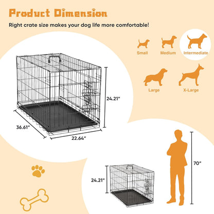 DUMOS Dog Crate, 36 Inch Medium Double Door Dog Cage with Divider Panel and Plastic Leak-Proof Pan Tray, Folding Metal Wire Pet Kennel for Indoor, Outdoor, Travel, Black