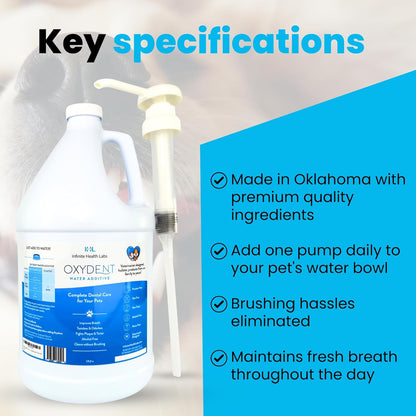 Oxydent Premium Pet Dental Care Solution - Pet Water Additive & Mouthwash for Teeth Cleaning - Eliminate Bad Dog & Cat Bad Breath - Dog Dental Rinse - Fights Tartar & Plaque - 1 Gallon
