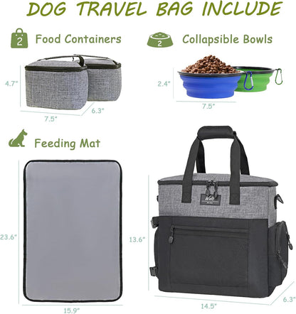 WOLT Dog Travel Bag Dog Bag for Traveling and Supplies with 2 Collapsible Bowls, 2 Food Containers, 1 Place Mat, Grey