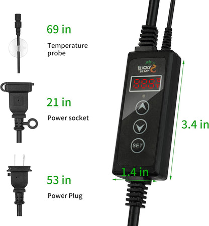 LUCKY HERP Reptile Dimming Thermostat, PID Heat Lamp Temperature Controller with LED Digital Screen, Terrarium Thermostat for Reptile Heat Lamp Heat Mat & Heaters, Support ℉/℃, Memory Function