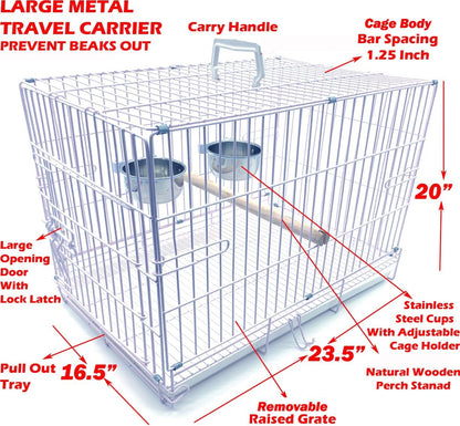 Large Portable Durable Metal Travel or Veterinary Easy Collapsable Parrot Bird Carrier Beaks Proof Carrier Cage Easy Clean Pull Out Tray Stainless Steel Feeder Bowls Natural Wooden Perch