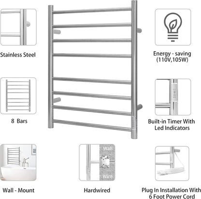 KEG Towel Warmer Wall Mounted with Built-in Timer 8 Bars Electric Stainless Steel Heated Towel Racks for Bathroom, Hot Plug-in Bath Towel Heater Brushed Nickel (TW-8-BN)