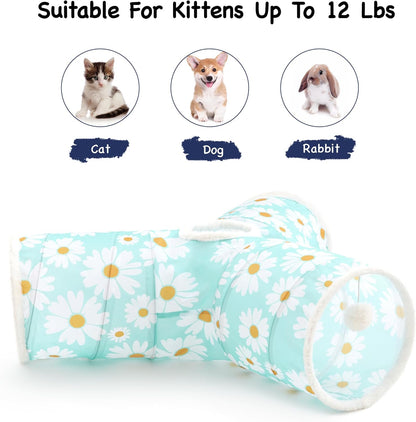 Tempcore Pet Cat Tunnel Tube Cat Toys 3 Way Collapsible, Cat Tunnels for Indoor Cats，Kitty Tunnel Bored Pet Toys Peek Hole Toy Ball, Puppy, Kitty, Kitten, Rabbit Daisy Blue Printed