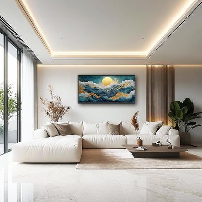 Framed Large Sun Mountain Wall Art, Oversized Teal and Golden Sun Wall Decor for Living Room, Abstract Landscape Canvas Painting Modern Artwork Home Decoration for Living Room Bedroom 60"x30"