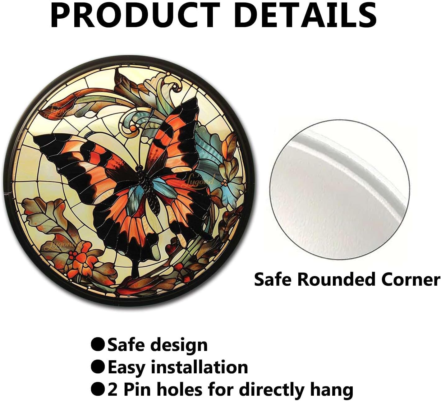 Lygond Metal Sign Tin Sign Circular Stained Glass Butterfly Bar Signs for Home Decor for Yard 12×12 Inches