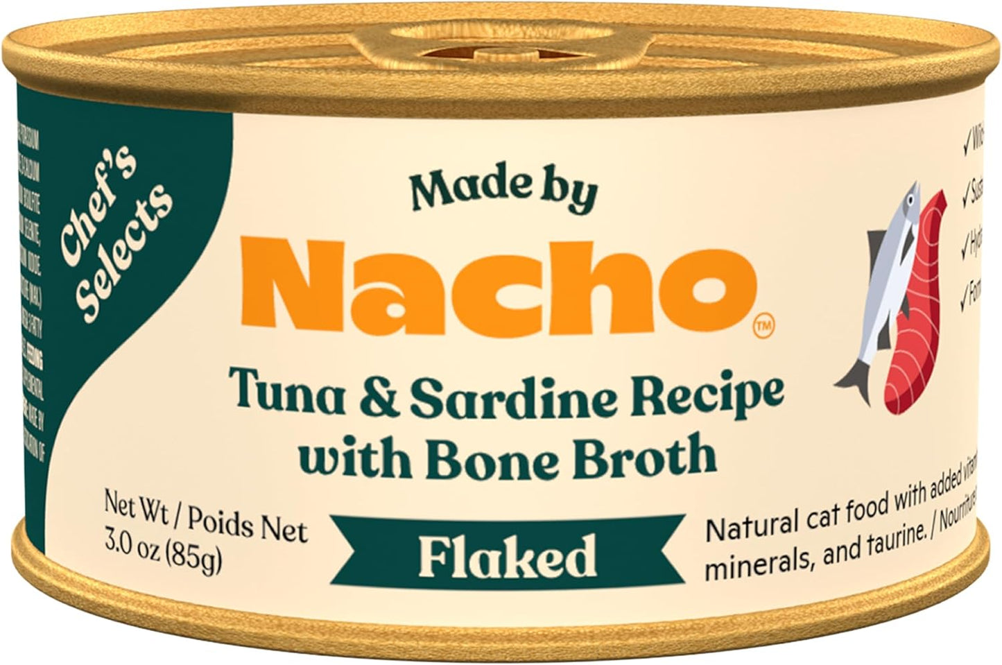 Made by Nacho Flaked Filets Recipe in Bone Broth, Grain-Free Chef's Selects Wet Food for Cats Balanced Diet in Naturally Hydrating Pumpkin-Infused Broth (3.0 oz (Pack of 12), Tuna & Sardine)