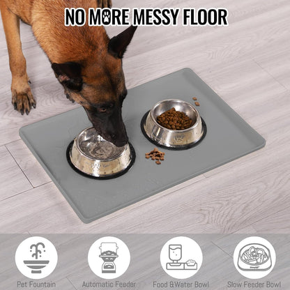 MateeyLife Cat & Dog Food Mat - Waterproof, Non-Slip Bowl Mat with Raised Edges, Silicone Matt Tray for Messy Drinkers, 22"x14", Grey