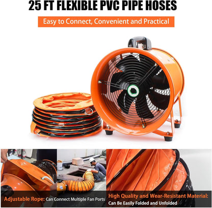 dreamdragon 8" High-Velocity Portable Utility Blower Fan, Industrial Exhaust Fan with 25ft Flexible Duct Hose, 3150 RPM Low-Noise Ventilator for Basements, Workshops, Warehouses, and Confined Spaces