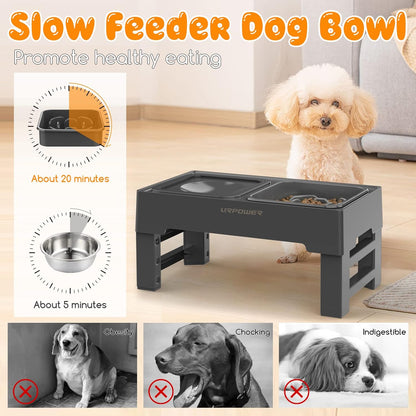 URPOWER 2-in-1 Elevated Slow Feeder with No Spill Dog Water Bowl 4 Height Adjustable Raised Bowl Stand for Small to Large Dogs, Cats & Pets