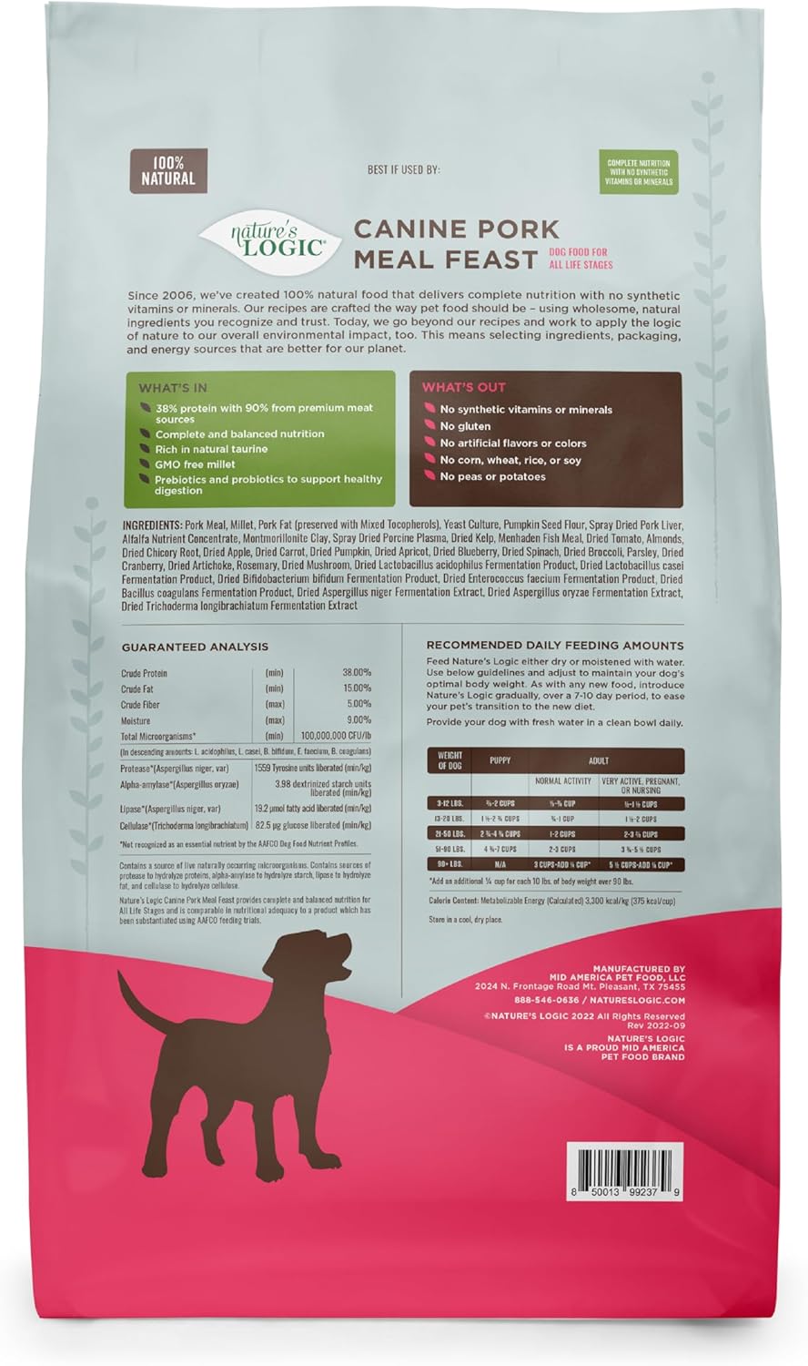 NATURE'S LOGIC Dry Dog Food - 100% Natural - No Synthetics - for All Ages, Sizes, Breeds - Free from Common Allergens, High Protein - Pork Meal Feast, 25lbs