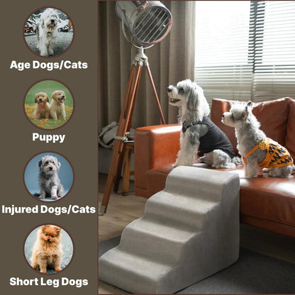 MEWANG Dog Stairs for Small & Medium Dogs and Old Cats –3/4/ 5 Steps High-Density Foam Pet Ramp for Bed & Couch, Non-Slip, Washable Cover, Grey (Round Corner, 4 Steps: 23.94''×18.27''×14.96'', 2)