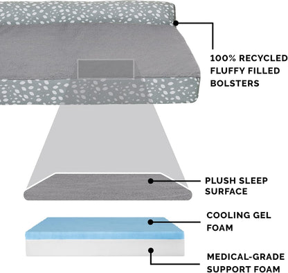 Furhaven Cooling Gel Dog Bed for Large Dogs w/ Removable Bolsters & Washable Cover, For Dogs Up to 125 lbs - Plush & Almond Print L Shaped Chaise - Gray Almonds, Jumbo Plus/XXL