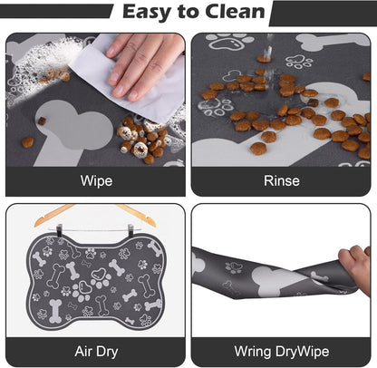 Dog Cat Food Mat,Rapid Absorbent Pet Feeding Mat, Bone Shaped Dog Placemat Water Bowl Mat with Rubber Backing,No Stains Dog Cat Food Mats Indoor, Pet Accessories Supplies 12"x18" Dark Grey