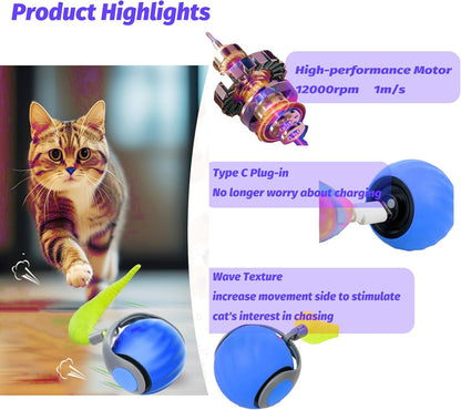 Upgraded Speedy Interactive Cat Ball 4.0 Toys with 2 Optional Tails, Smart Moving Ball Cat Toy for Bored Indoor Cats, Rechargeable & Detachable Automatic Kitten Rolling Balls Toy (Blue)