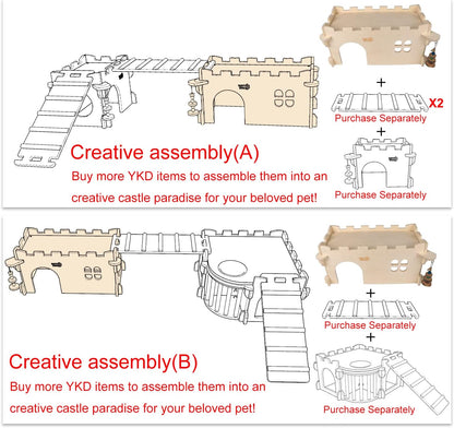 Castle Chinchilla House - Small Animal Hideout for Chinchilla Guinea Pig Hedgehog, or Rat - Ventilated Wooden Guinea Pig Hut Habitat with Multiple Doors (Large)