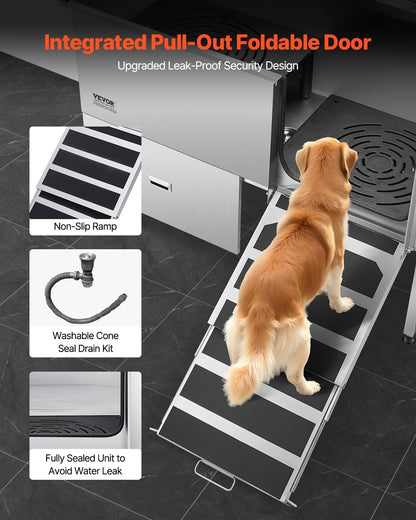 VEVOR Professional 304 Stainless Steel Dog Bathing Station, 61 inch Pet Grooming Tub w/Anti-Slip ramp, Storage Drawer, Cold Hot Faucet Showerhead for Large & Medium & Small (Right Door, with Drawer)