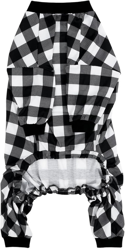 HDE Dog Pajamas One Piece Jammies Jumpsuit Pet Clothes Outfit Stretchy Lightweight Comfy Shirt Pjs for M-3XL Dogs Black & White Buffalo Plaid - 2XL