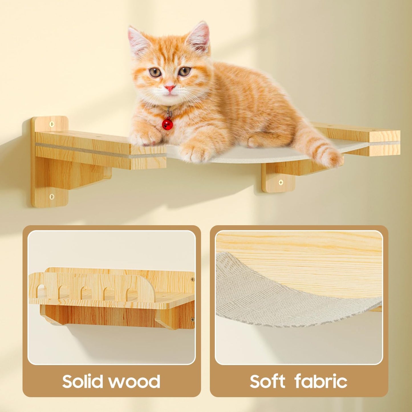 Cat Wall Shelves, Set of 6 Wooden Cat Wall Furniture Includes Scratching Post with 3 Steps, Jumping Platform, Hammock and Scratcher Board for Kittens