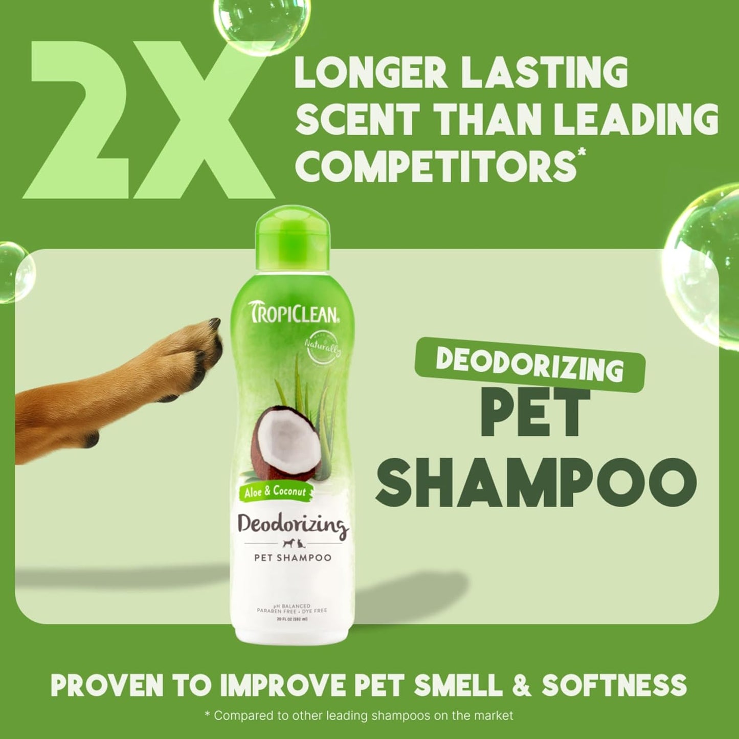 TropiClean Deodorizing Dog Shampoo for Smelly Dogs, Powerful Odor Control, Puppy Safe, Made in the USA, Aloe & Coconut Scent, Cat Friendly, 20oz.