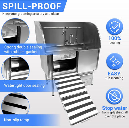 Professional Dog Grooming Tub, 50" Stainless Steel Dog Wash Station with Foldable Ramp, Storage Drawer, Floor Grate & Faucet/Dog Bathtub for Large, Medium & Small Pets - Left Door (50")